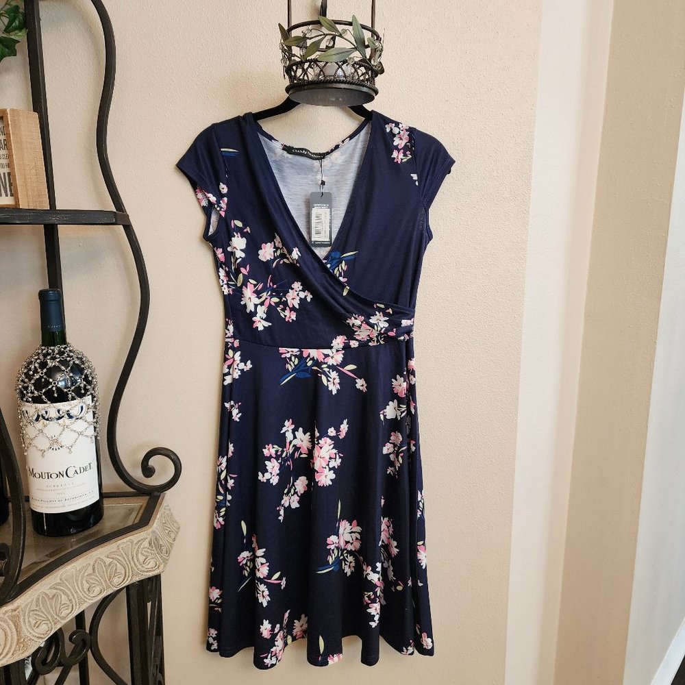 Oxiuly Fashion Navy V-Neck Floral Flare Midi Summer Dress NWT